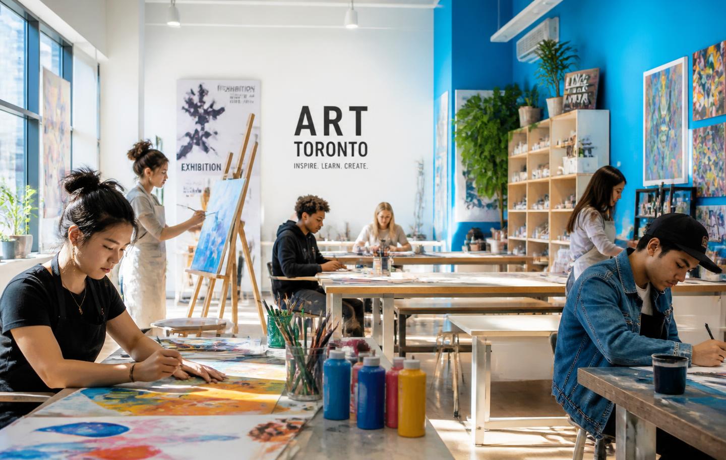 Students creating art in a bright studio